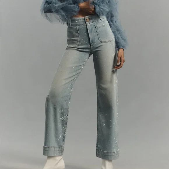 Anthropologie Maeve The Colette Sparkle Rhinestone Wide Leg Cropped Jeans 27 - Picture 3 of 9